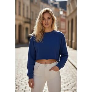 Forever 21 Cropped Sweatshirt Blue Long Sleeve Raw Roll Hem Pullover Size M